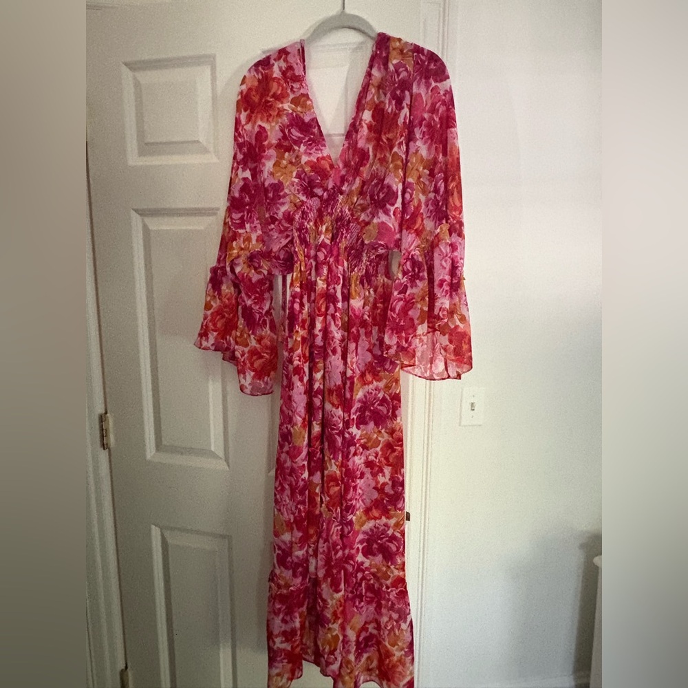 Misa Los Angeles Floral Pink Midi  Dress